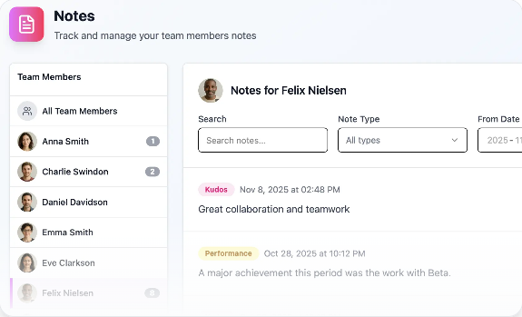 Manavie app — Notes view showing team members and notes